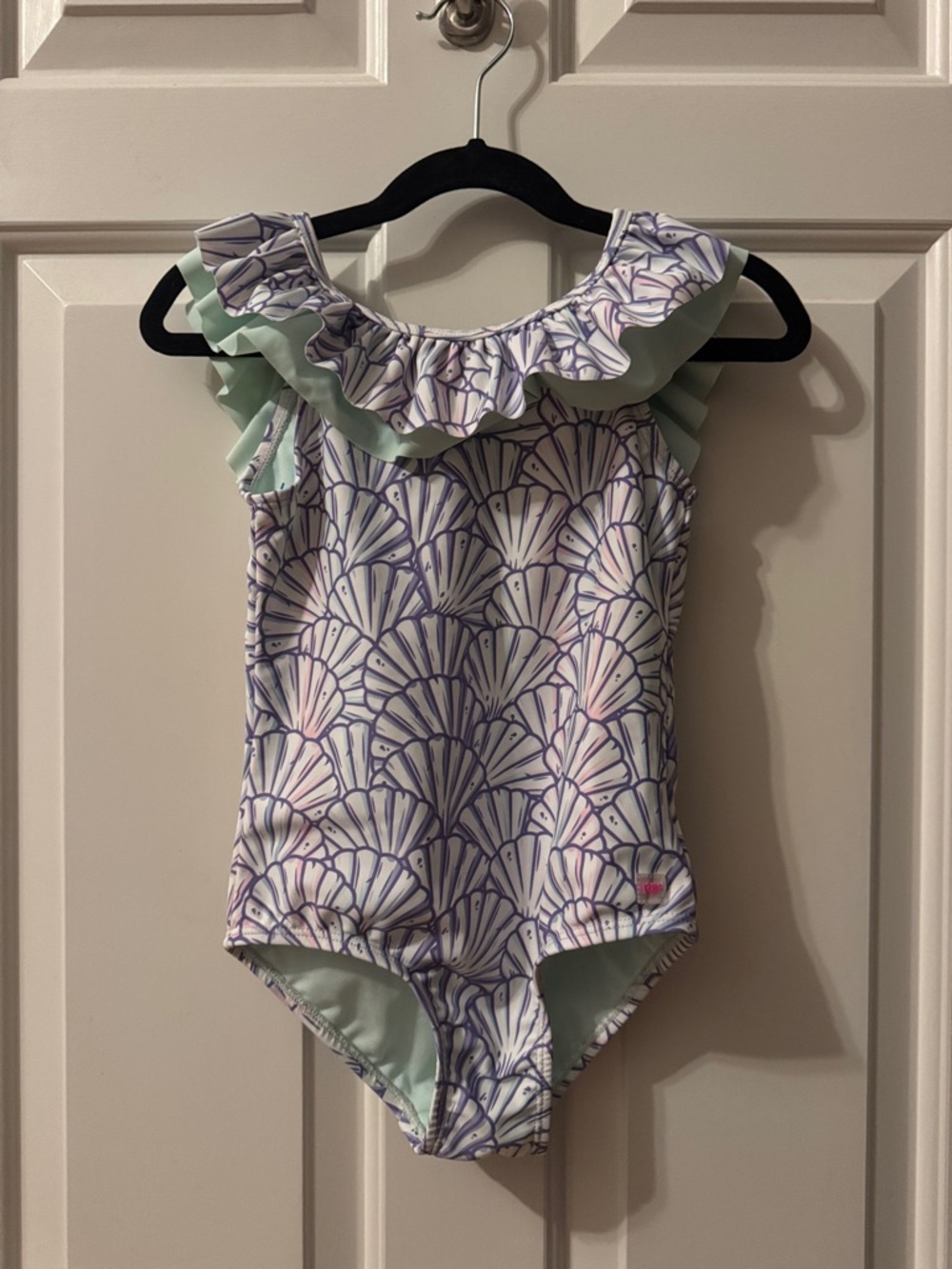 Girls Shell-Print RuffleButts One-Piece Swimsuit in Lavender & Mint